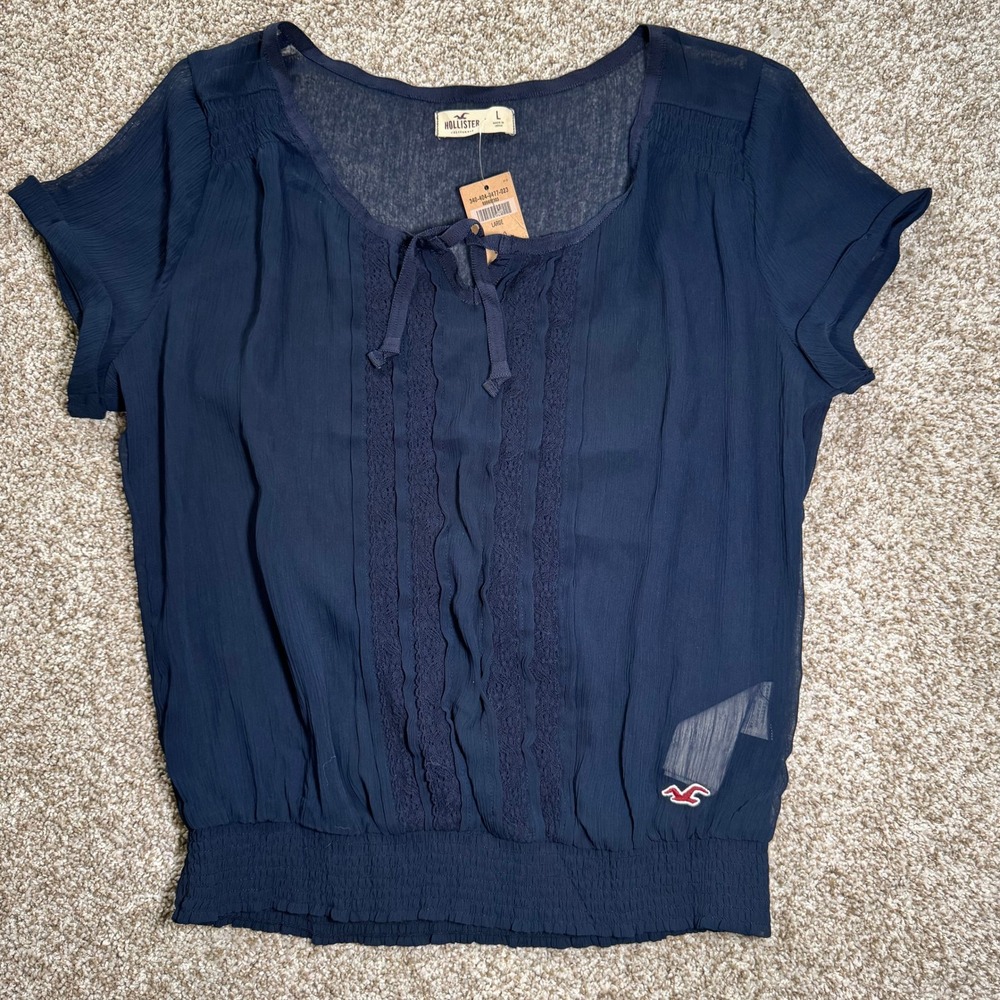 Hollister Womens Size L Navy Blue Sheer Lace Smocked Hem Blouse Top Large NWT